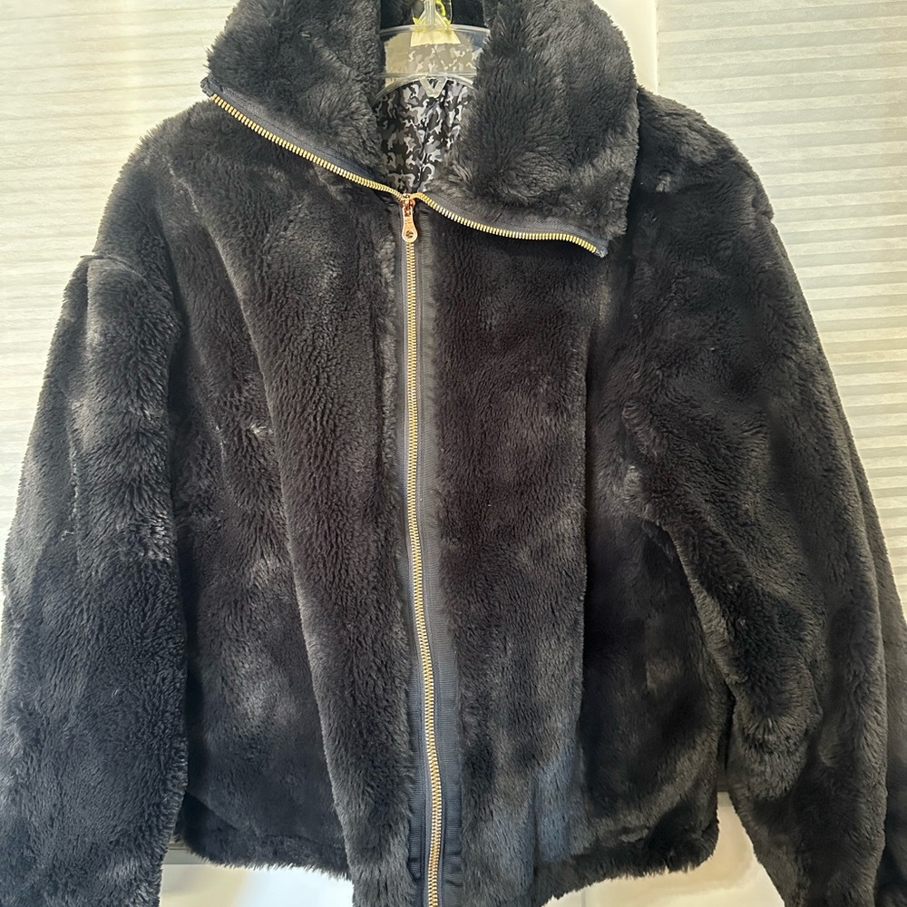 FUBU Black Faux Fur Jacket with Gold Accents